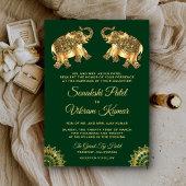 Green Gold Ethnic Elephants Indian Wedding Invite Kaart
