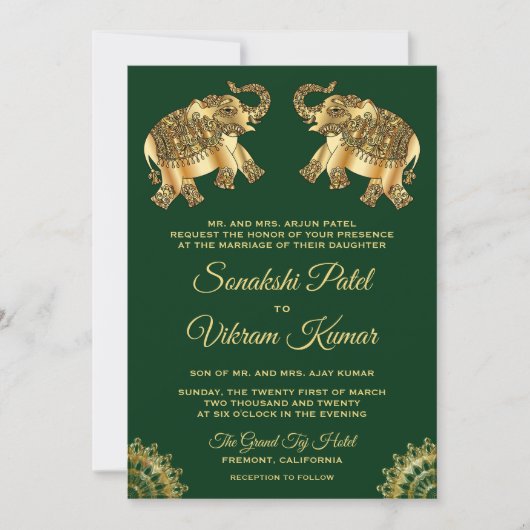Green Gold Ethnic Elephants Indian Wedding Invite Kaart (Voorkant)