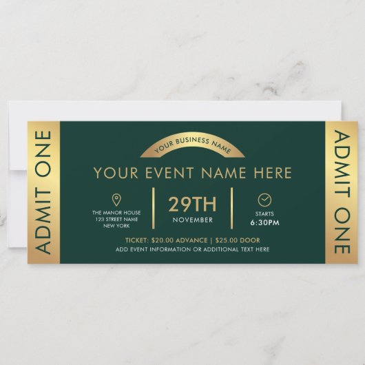 Green & Gold Event Ticket Business Logo Admit One Kaart (Voorkant)