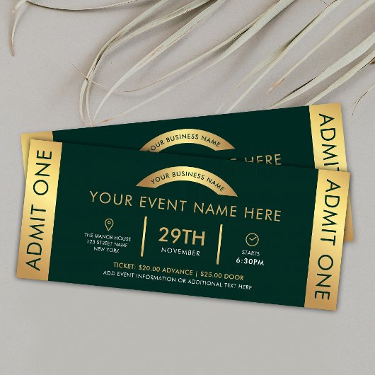 Green & Gold Event Ticket Business Logo Admit One Kaart