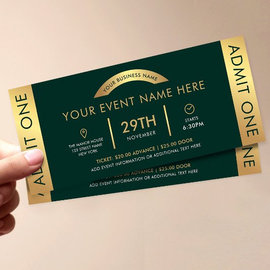Green & Gold Event Ticket Business Logo Admit One Kaart