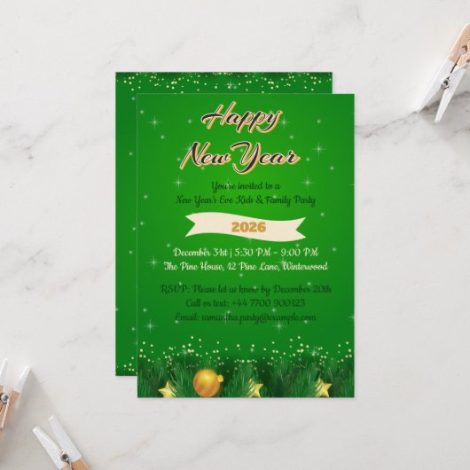 Green Gold Family New Year Invitation Kaart (Voorkant / Achterkant in situ)
