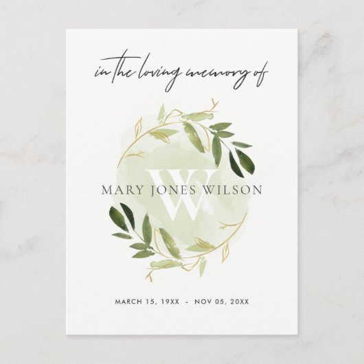 GREEN GOLD FAUNA WREATH SYMPATHY MEMORIAL SERVICE UITNODIGING BRIEFKAART (Voorkant)