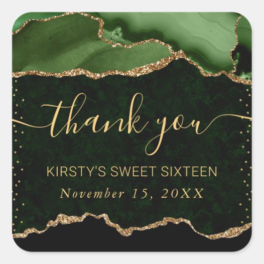 Green & Gold Faux Glitter Agate Marble Sweet 16 Vierkante Sticker (Voorkant)