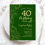 Green Gold Floral 40e verjaardag Kaart<br><div class="desc">Green Gold Floral 40th Birthday Party Invitation. Minimalistisch modern design met botanische contouren,  faux Gold folie en typografie scriptlettertype. Eenvoudige trendy nodigt een perfecte kaart uit voor een stijlvolle feestdag in het vrouw. Kan op elke leeftijd worden aangepast. Uitnodigingen op Zazzle afdrukken of sjabloon voor digitaal afdrukken direct downloaden.</div>
