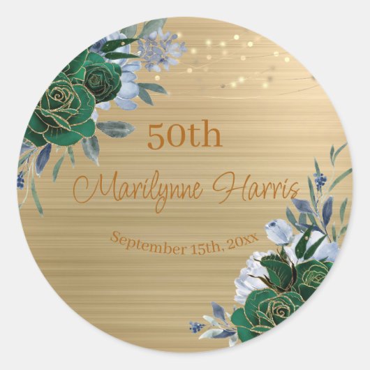 Green Gold Floral 50th Birthday Ronde Sticker (Voorkant)