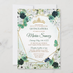 Green & Gold Floral Charra QUINCEAÑERA Invite Kaart