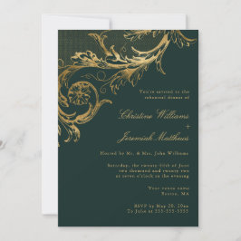  Green Gold Floral Damask Engagement Party Kaart