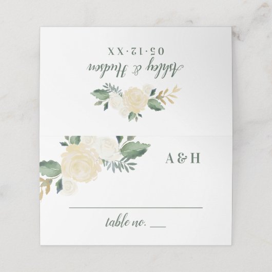 Green Gold Floral Greenery Wedding Monogram Plaatskaartje (Buitenkant ongevouwen)