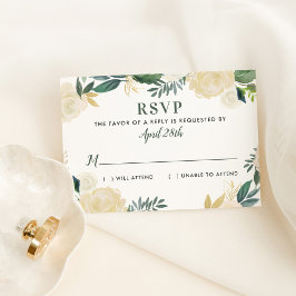 Green Gold Floral Greenery Wedding RSVP Kaartje