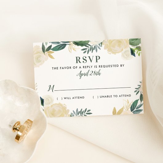 Green Gold Floral Greenery Wedding RSVP Kaartje
