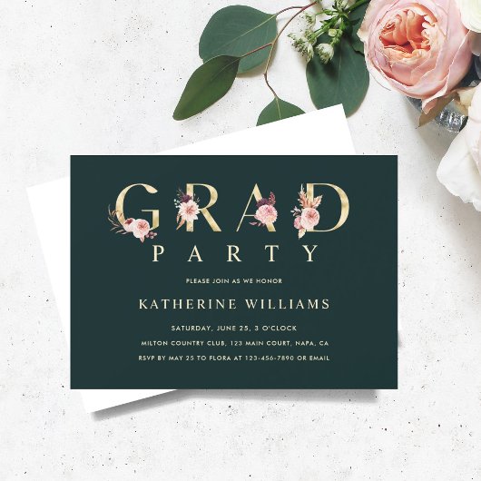 Green Gold Floral Letter Graduparty Foto Kaart