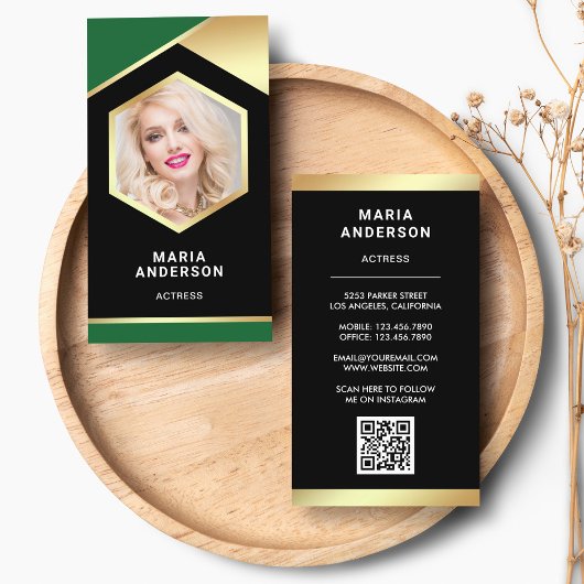 Green Gold Foil Model Actress QR Code Foto Visitekaartje