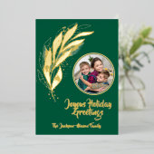 Green Gold Foil Waterverf Leaf Foto Kerst Folie Feestdagenkaart (Staand Voorkant)