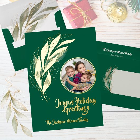 Green Gold Foil Waterverf Leaf Foto Kerst Folie Feestdagenkaart
