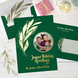 Green Gold Foil Waterverf Leaf Foto Kerst Folie Feestdagenkaart