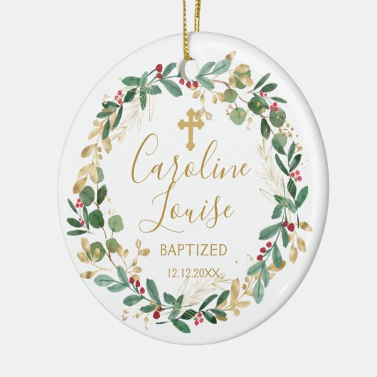 Green Gold Foliage Baby Baptisme Foto Keramisch Ornament (Links)