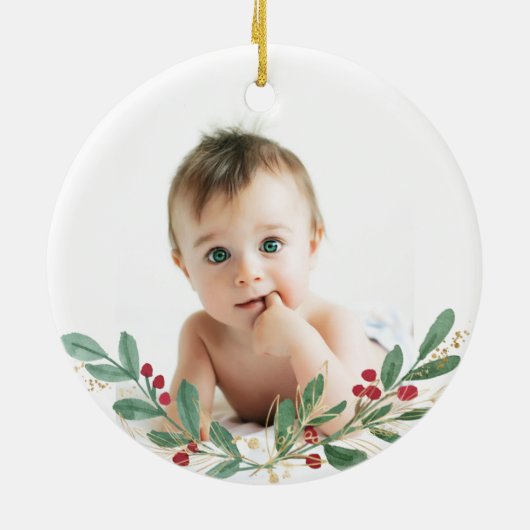 Green Gold Foliage Baby Baptisme Foto Keramisch Ornament (Achterkant)