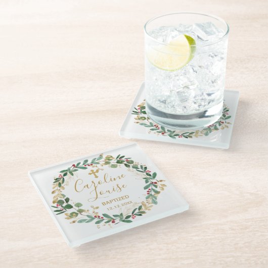 Green Gold Foliage Baby Baptisme Glazen Onderzetter (Schuin)
