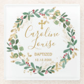 Green Gold Foliage Baby Baptisme Glazen Onderzetter (Voorkant)