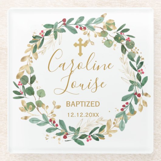 Green Gold Foliage Baby Baptisme Glazen Onderzetter (Voorkant)