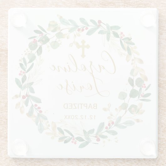 Green Gold Foliage Baby Baptisme Glazen Onderzetter (Achterkant)