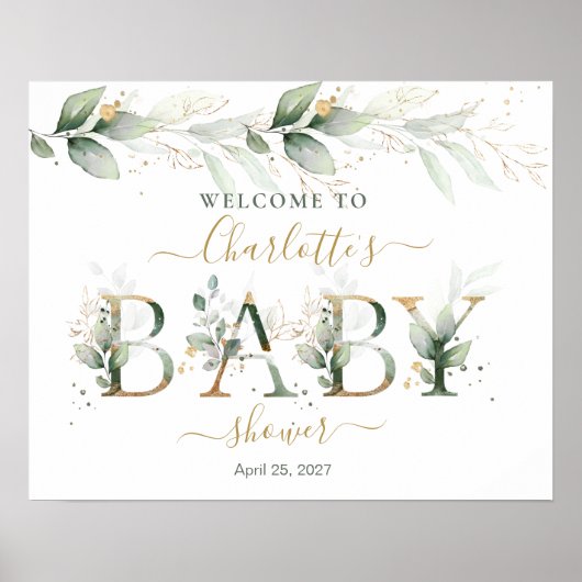 Green Gold Foliage Baby shower WelkomstPoster Poster (Voorkant)