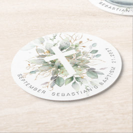 Green Gold Foliage Cross Baptisme Ronde Kartonnen Onderzetter