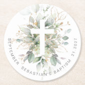 Green Gold Foliage Cross Baptisme Ronde Kartonnen Onderzetter (Voorkant)