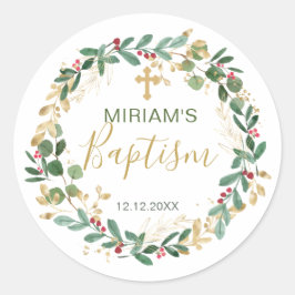 Green Gold Foliage Cross Baptisme Ronde Sticker