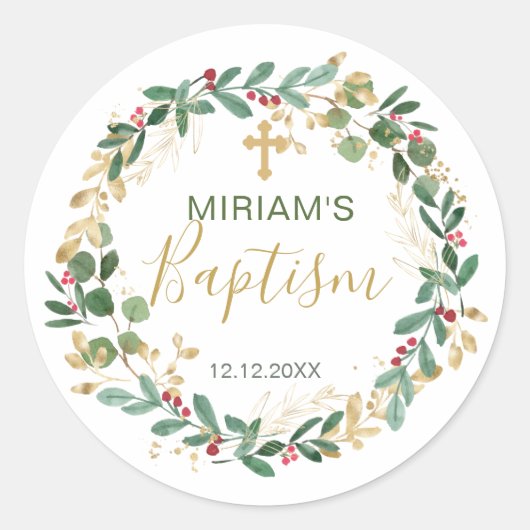 Green Gold Foliage Cross Baptisme Ronde Sticker (Voorkant)