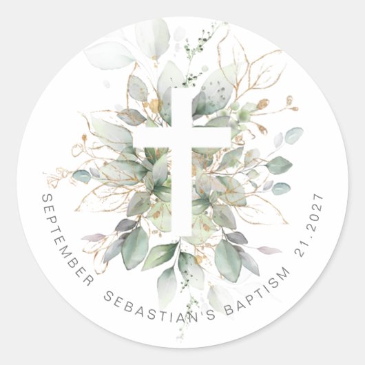 Green Gold Foliage Cross Baptisme Ronde Sticker (Voorkant)