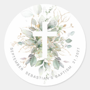 Green Gold Foliage Cross Baptisme Ronde Sticker