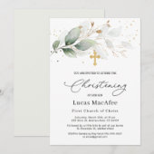 Green Gold Foliage Cross Christening Uitnodiging (Voorkant / Achterkant)