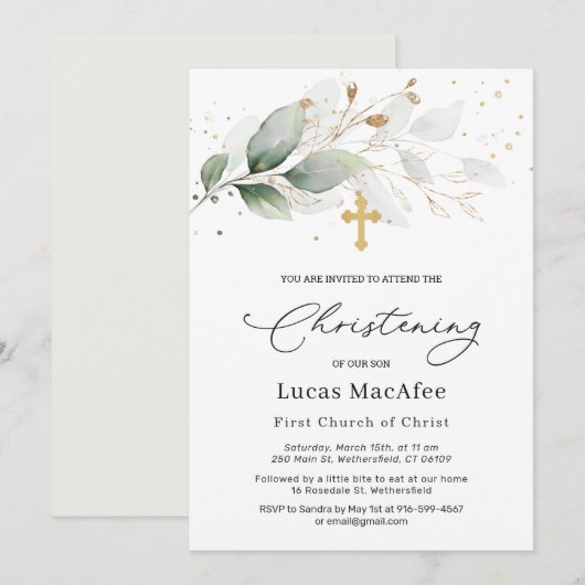 Green Gold Foliage Cross Christening Uitnodiging (Voorkant / Achterkant)