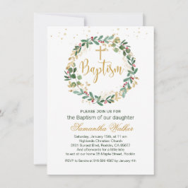 Green Gold Foliage Red Berry Cross Baptisme Invita Kaart