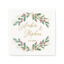 Green Gold Foliage Red Berry Napkins