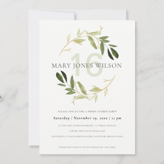 GREEN GOLD FOLIAGE WREATH SWEET 16 BIRTHDAY KAART (Voorkant)