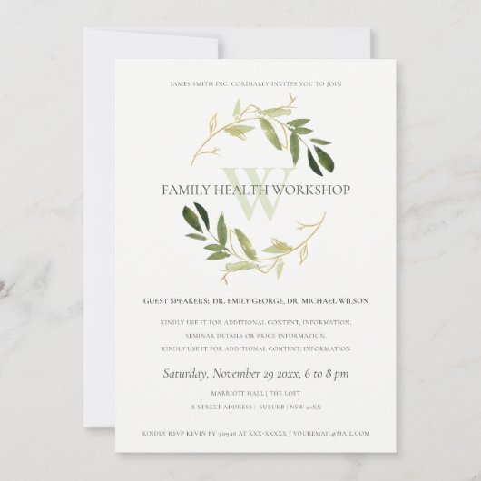 GREEN GOLD FOLIAGE WREATH WORKSHOP EVENT INVITE BEDANKKAART (Voorkant)