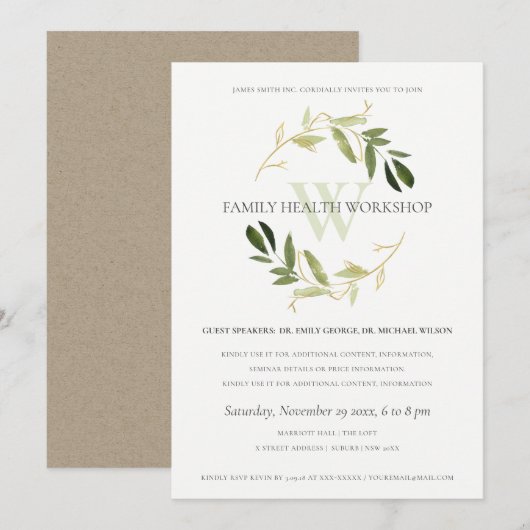 GREEN GOLD FOLIAGE WREATH WORKSHOP EVENT INVITE BEDANKKAART (Voorkant / Achterkant)