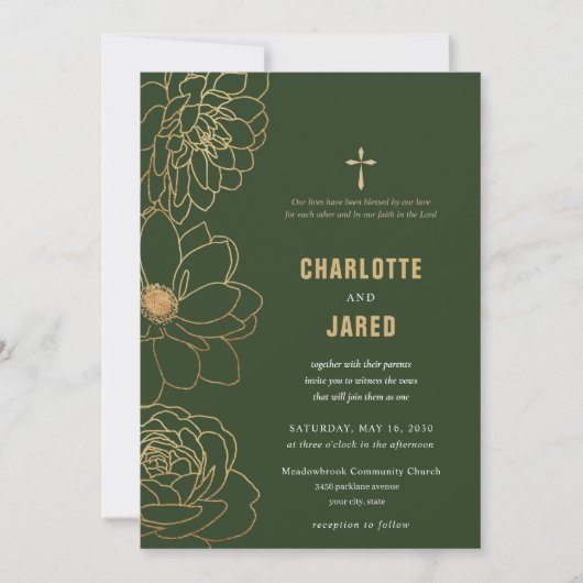 Green Gold Gilded Cross Wedding Uitnodiging (Voorkant)
