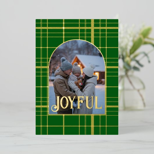 Green & Gold Gingham Kerstvakantie Foto Folie Feestdagenkaart (Staand Voorkant)