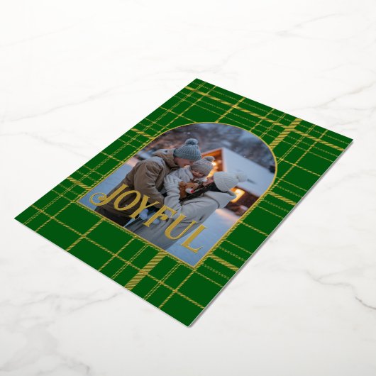 Green & Gold Gingham Kerstvakantie Foto Folie Feestdagenkaart (Gedraaid)