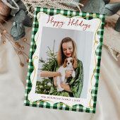 Green Gold Gingham Patroon Kerstmis 1 Foto Feestdagenkaart
