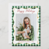 Green Gold Gingham Patroon Kerstmis 1 Foto Feestdagenkaart (Voorkant)