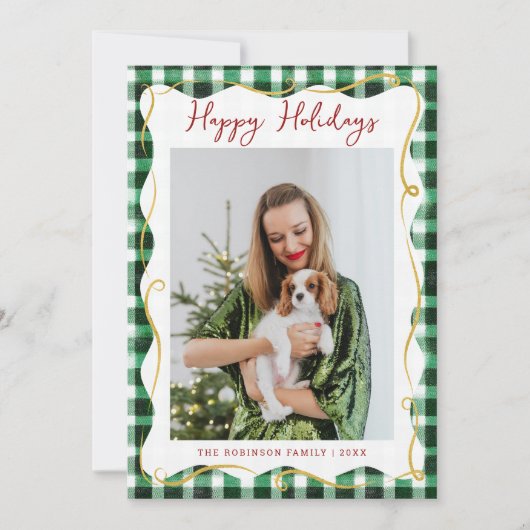 Green Gold Gingham Patroon Kerstmis 1 Foto Feestdagenkaart (Voorkant)