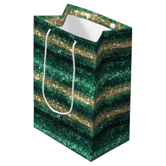 Green Gold Glitter Christmas Medium Cadeauzakje (Voorkant Gekanteld)
