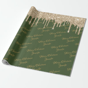 Green Gold Glitter Driving Kerstmis Name Script Cadeaupapier