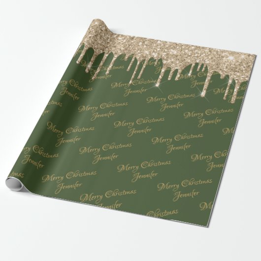 Green Gold Glitter Driving Kerstmis Name Script Cadeaupapier (Uitgerold)