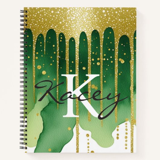 Green Gold Glitter Girly Monogram Naam Notitieboek (Voorkant)